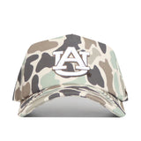 The Auburn Huntsman Hat by No Rivals features a duck camo pattern with a white AU logo embroidered on the front, designed with a classic 5-panel structure and an adjustable snap back closure for a perfect fit.