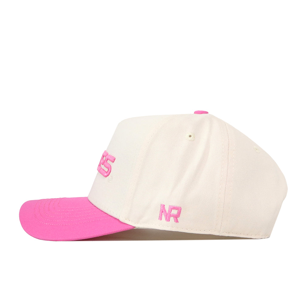 Introducing the No Rivals Virginia Tech Pink Out Hat—a white snapback baseball cap featuring a vibrant pink brim and pink embroidered details, including the letters “NR” on the side. This stylish hat is perfect for raising breast cancer awareness while showing your support.
