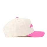 The No Rivals Virginia Tech Pink Out Hat features a white base with a pink brim and pink embroidered text on the front, shown from a side view against a white background—this officially licensed snapback is perfect for showing your support in style.