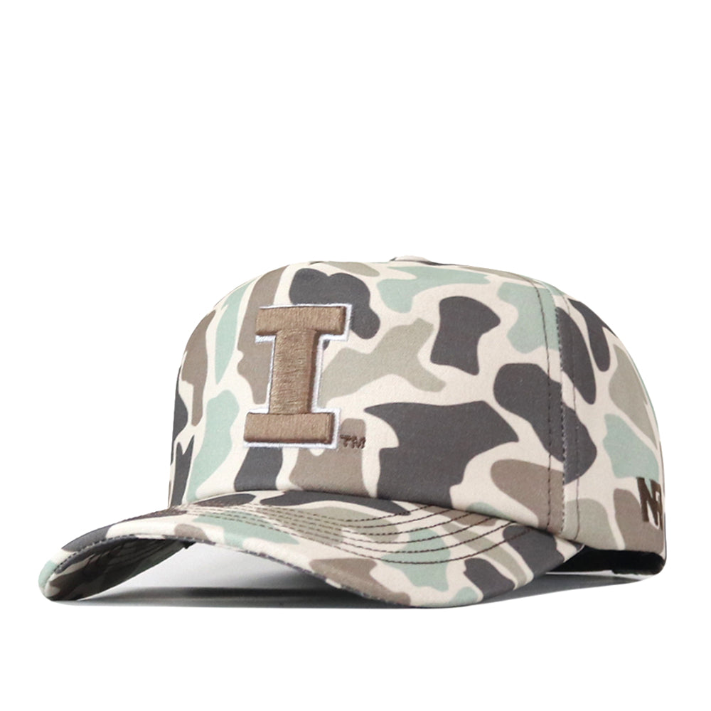 The No Rivals Illinois Huntsman Hat is a high-quality cotton camouflage baseball cap with a large embroidered letter “I” on the front panel, displayed against a white background. It features a convenient snapback adjustment for a comfortable fit.