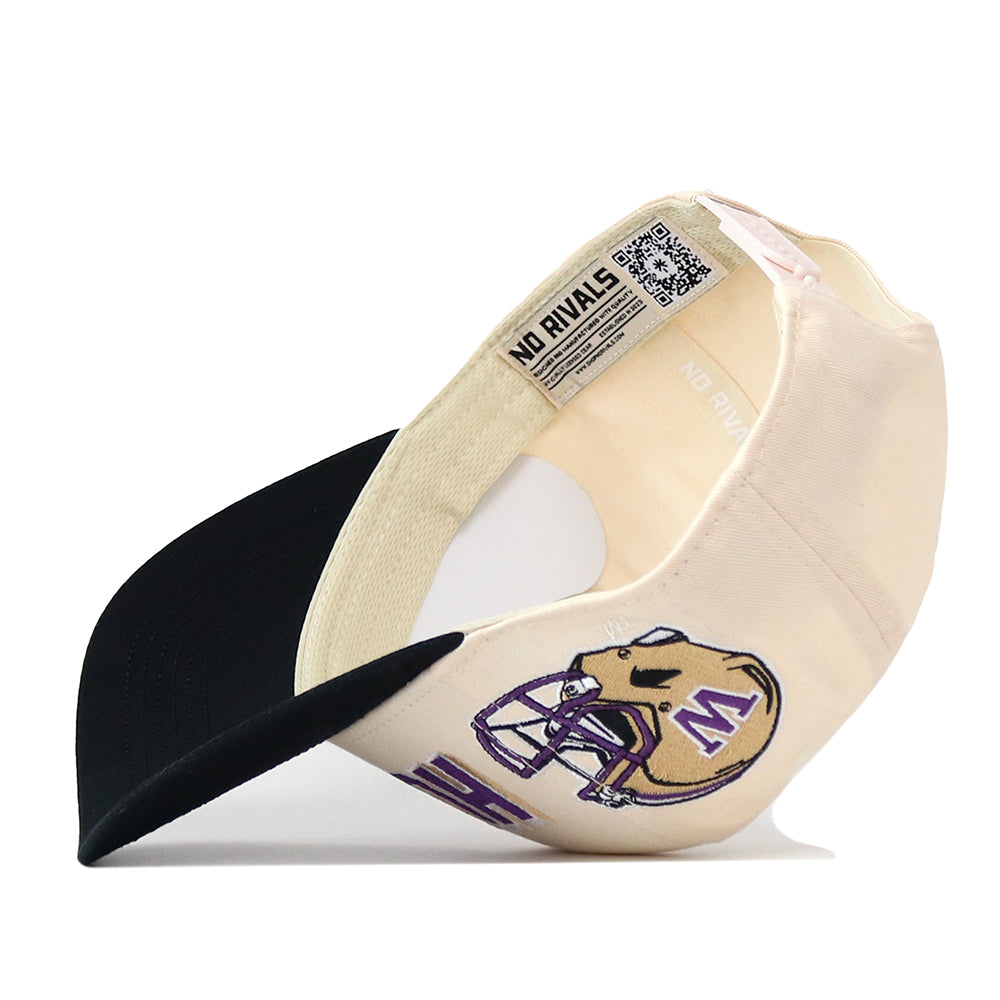 A cream and black Washington Huskies Alma Mater Hat by No Rivals is shown flipped to display the inside, featuring a QR code, NO RIVALS text, and officially licensed embroidered logos—including a football helmet with a purple “M” on the side.