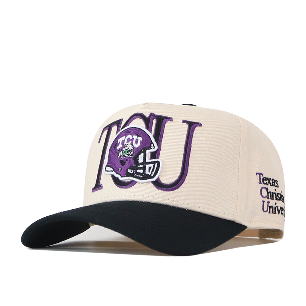 Introducing the TCU Aer Lingus Football Hat by No Rivals—an officially licensed beige and black baseball cap featuring TCU and a purple football helmet embroidered on the front, Texas Christian University embroidered on the side, and an adjustable snap back for a comfortable fit.