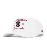 The South Carolina Vintage Cord Hat - White features garnet and black Gamecocks text and logo on the front, an embroidered NR logo on the left side, and an unstructured fit for all-day comfort.