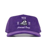 The TCU Vintage Cord Hat is a purple snapback featuring "TCU," a white horned frog logo, "1873," and "Horned Frogs" embroidered on the front. This officially licensed corduroy hat offers an unstructured fit for comfort.