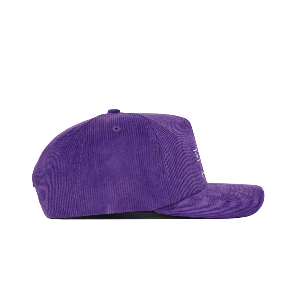 The TCU Vintage Cord Hat, a purple corduroy snapback, is displayed in profile against a white background.