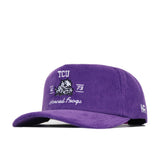 The TCU Vintage Cord Hat is a purple corduroy snapback featuring white embroidery: TCU, horned frog logo, 1873, and Horned Frogs on the front, plus AF on the side. This is an officially licensed product.