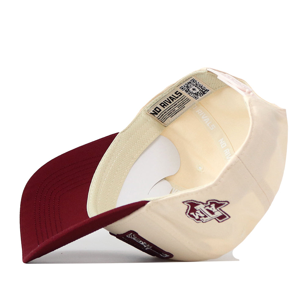 A cream and maroon Texas A&M Paisley Howdy Hat by No Rivals, shown flipped upside down to reveal the inside label that reads “NO RIVALS” and an officially licensed embroidered logo on the side. The underside of the brim is maroon.