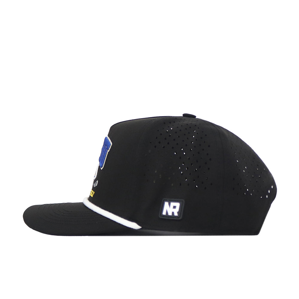 A side-view image of the South Dakota State Golf Hat – Black by No Rivals, showcasing small ventilation holes, a white NR-branded patch on the side, a flat brim, and an adjustable snapback closure for a personalized fit.