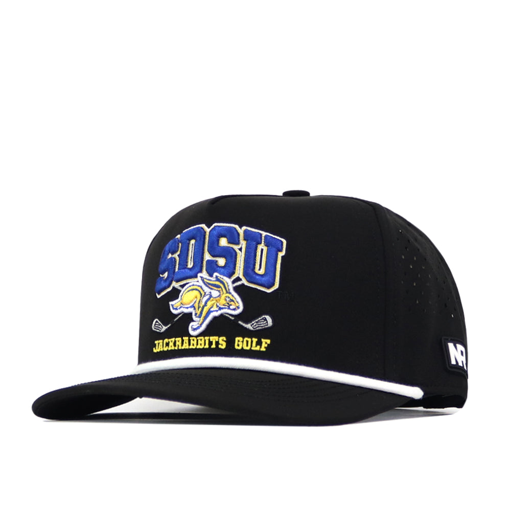 Introducing the South Dakota State Golf Hat - Black by No Rivals: This cap showcases officially licensed SDSU branding in blue and yellow, with a beautifully embroidered jackrabbit logo and “JACKRABBITS GOLF” text on the front. It features a curved brim highlighted by a white accent line, an NR logo on the side, and an adjustable snap back for a comfortable fit.