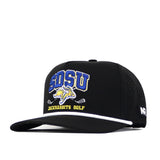 Introducing the South Dakota State Golf Hat - Black by No Rivals: This cap showcases officially licensed SDSU branding in blue and yellow, with a beautifully embroidered jackrabbit logo and “JACKRABBITS GOLF” text on the front. It features a curved brim highlighted by a white accent line, an NR logo on the side, and an adjustable snap back for a comfortable fit.