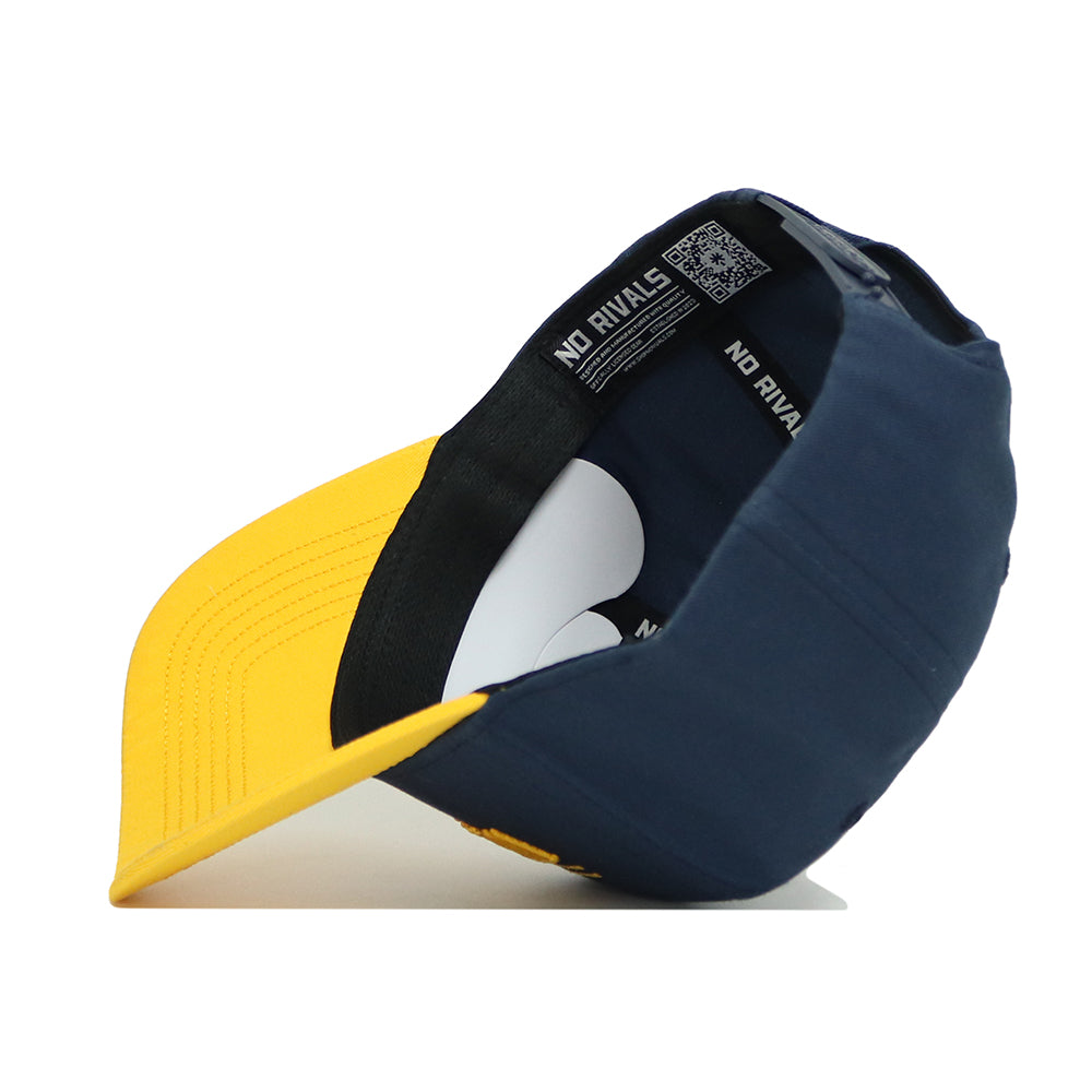 The West Virginia Tailgate Hat by No Rivals is a navy blue and yellow structured fit baseball cap, seen from an angle showing the inside, with "NO RIVALS" on the black inner band and a QR code on the inside label.
