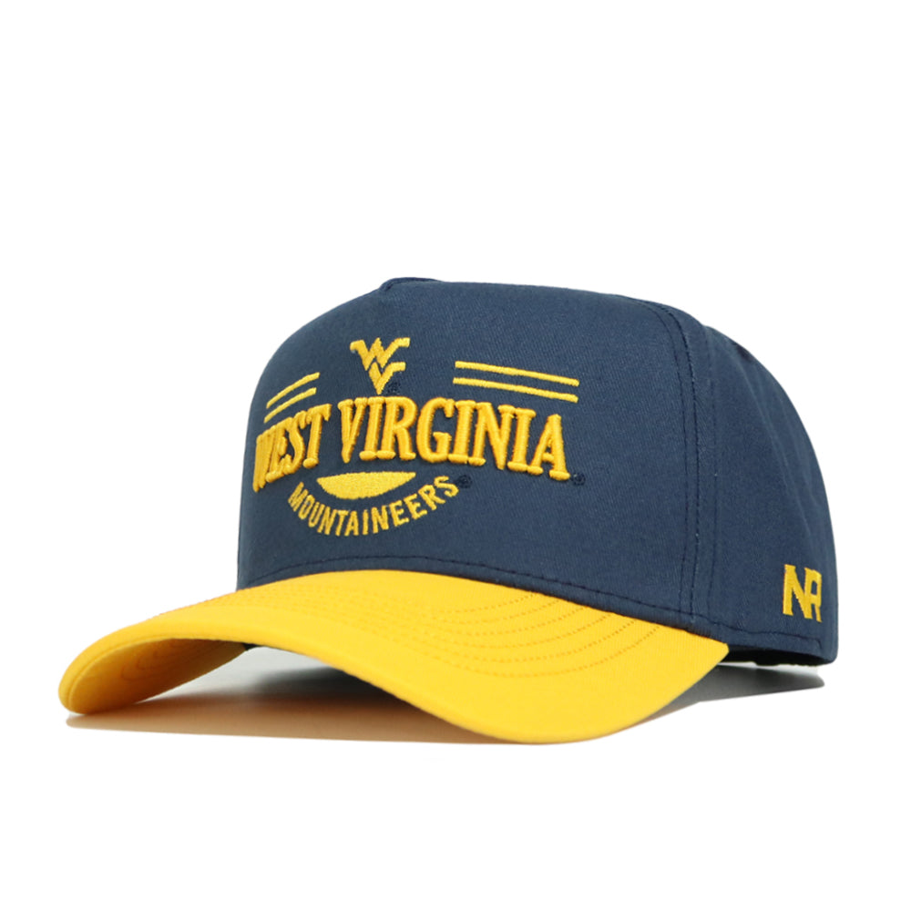 The West Virginia Tailgate Hat by No Rivals features a navy blue and yellow snapback design with the WVU logo embroidered in gold on the front, N R stitched on the side, and a comfortable structured fit.