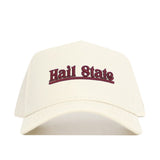 The No Rivals Mississippi State Sideline Hat is a white structured snapback, featuring "Hail State" embroidered in maroon on the front.