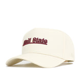 The Mississippi State Sideline Hat by No Rivals is a cream snapback with "Hail State" embroidered in maroon, featuring high-quality cotton, a curved brim, structured fit, and front panels.