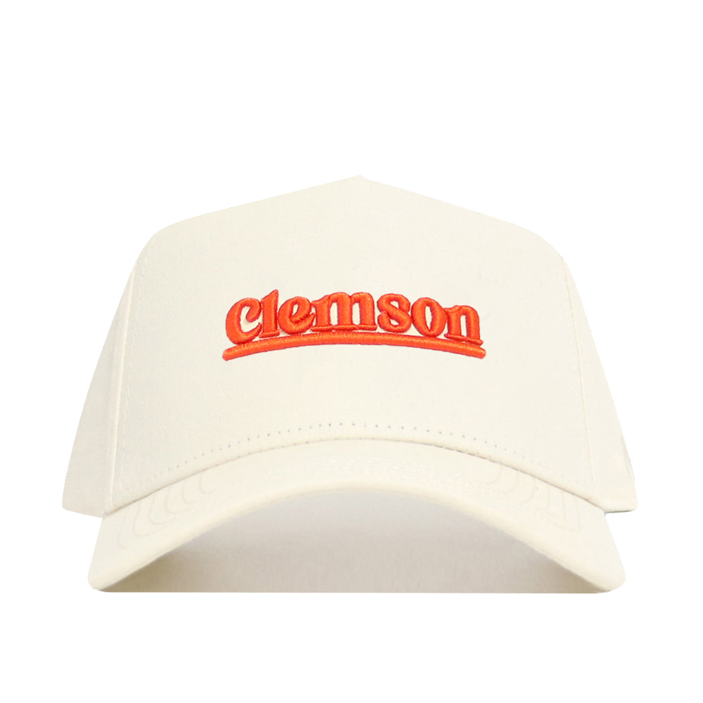 The No Rivals Clemson Sideline Hat is a white cotton baseball cap with "Clemson" stitched in orange lowercase letters on the front and offers a comfortable, structured fit.