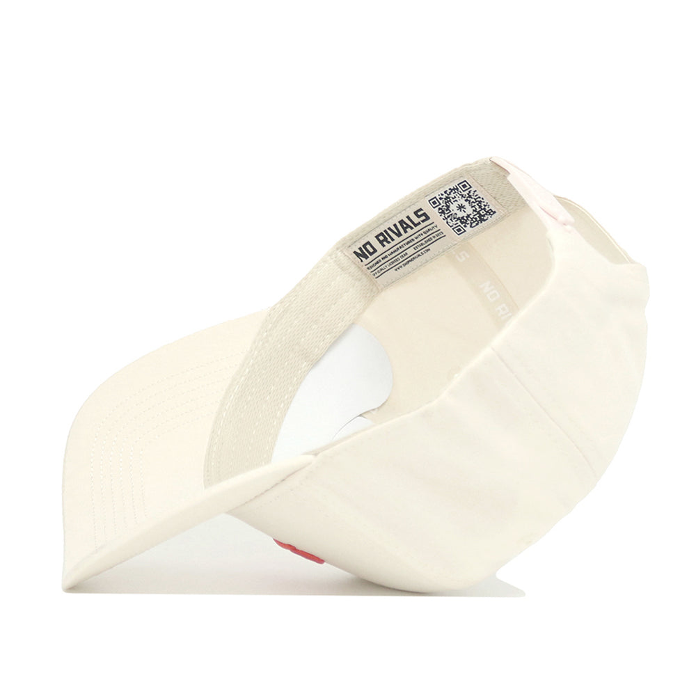 The Clemson Sideline Hat by No Rivals is displayed from the back and side, showing its white snapback design, adjustable strap, and an inner band label reading NO RIVALS with a QR code.