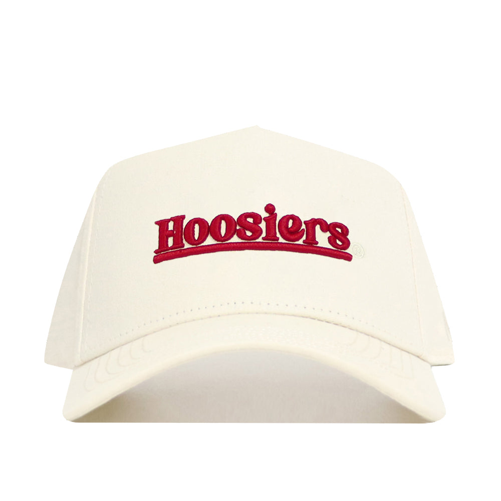 The No Rivals Indiana Sideline Hat is a white snapback with a structured fit, featuring "Hoosiers" embroidered in red on the front.