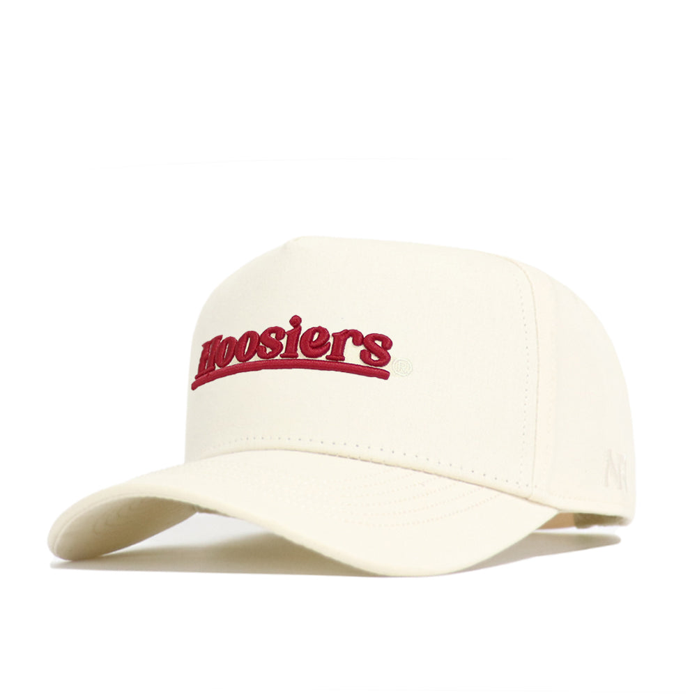 The No Rivals Indiana Sideline Hat is a cream structured-fit cap crafted from quality cotton, featuring "Hoosiers" embroidered in red script on the front.