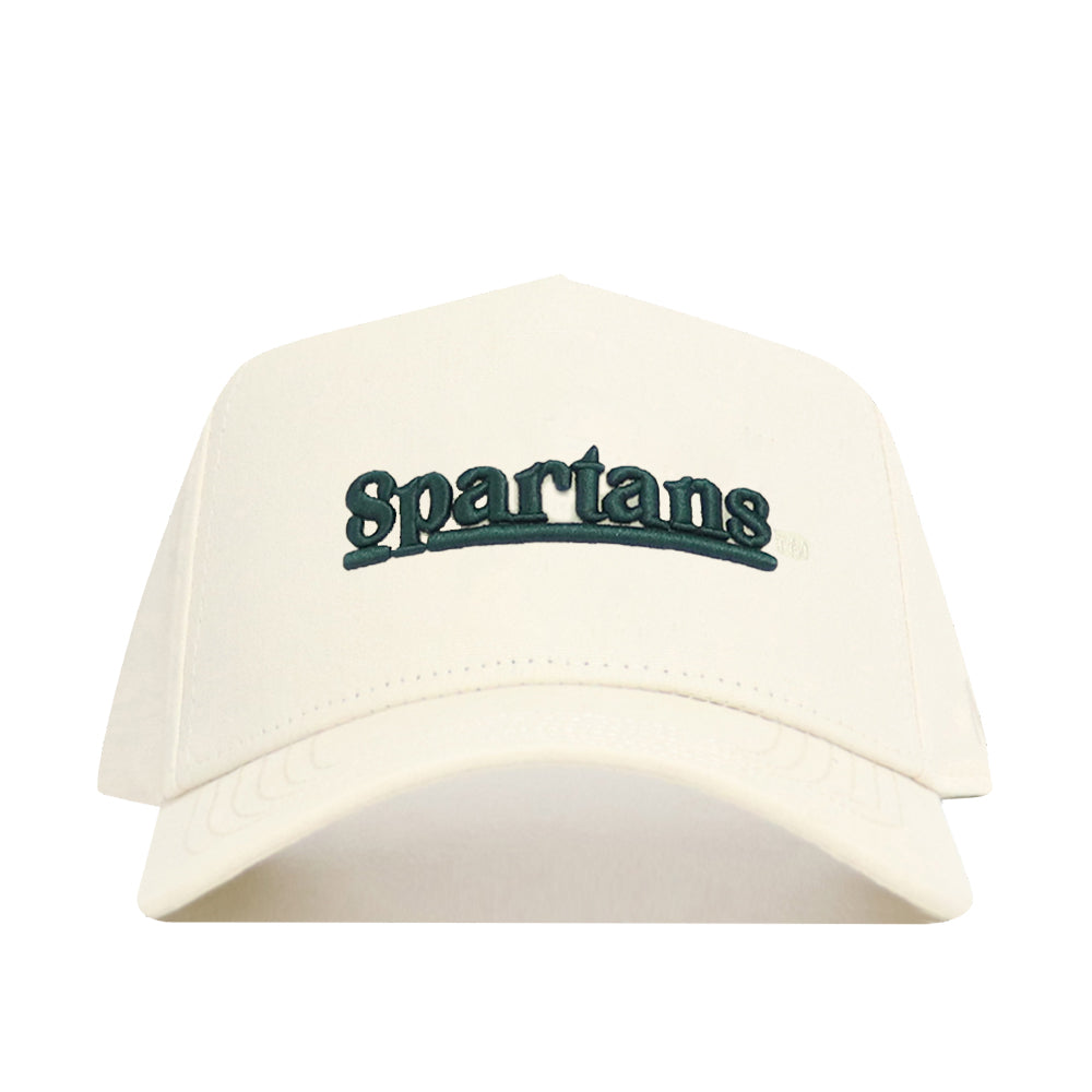 The No Rivals Michigan State Sideline Hat is a white snapback featuring "Spartans" embroidered in dark green on the front, crafted from high-quality cotton.