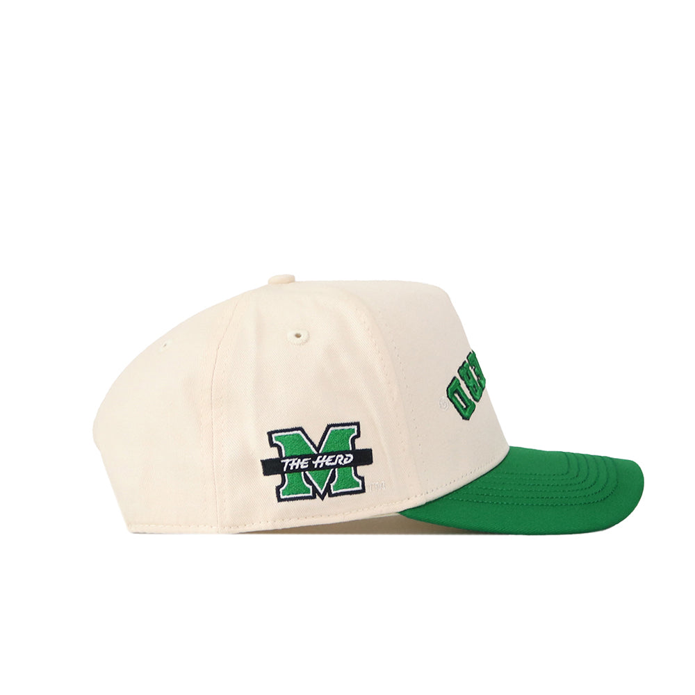 Show off your team pride with the Upside Down The Herd Hat by No Rivals—a cream snapback baseball cap with a green brim, green M logo, and “THE HERD” on the side. This Marshall Thundering Herd hat is ideal for fans who want standout style and school spirit.