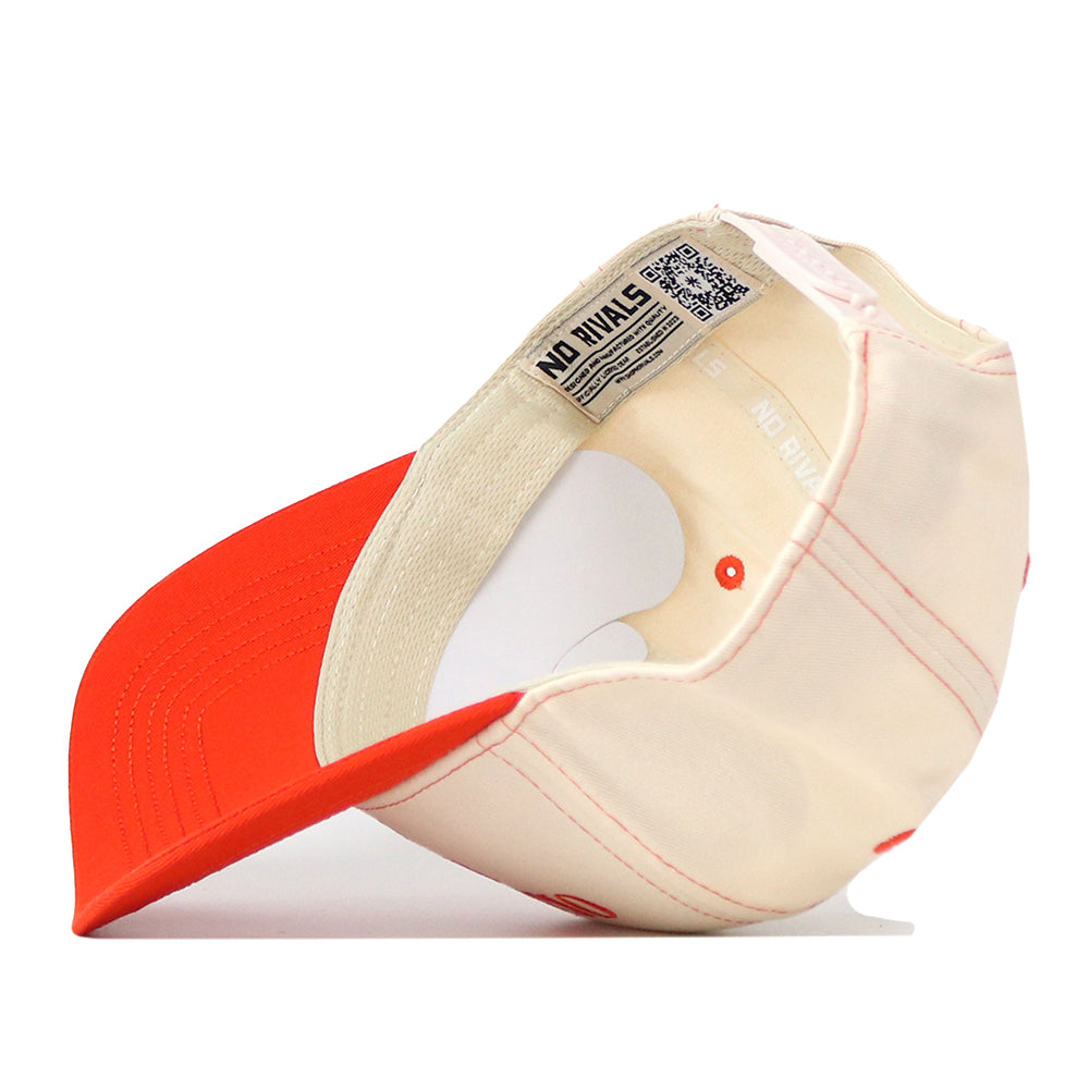 The Oklahoma State Cowboys Vintage Hat by No Rivals is displayed upside down, showing the inside label that reads NO RIVALS. Featuring a cream and red snapback design with red stitching and a red brim, this cap is perfect for your gameday fit.