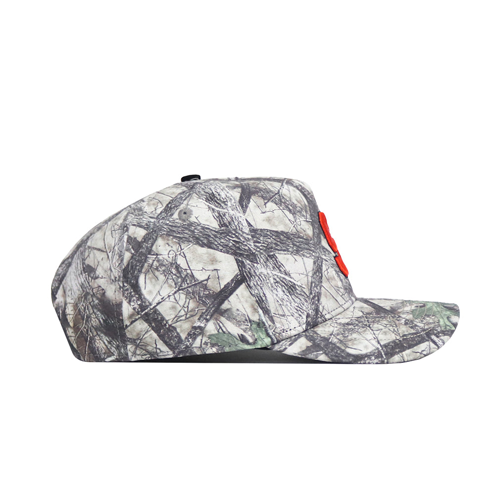 The No Rivals Syracuse Outland Hat, a high-quality cotton snapback with a gray, black, and green camouflage pattern and flat brim, is displayed in side profile against a white background.