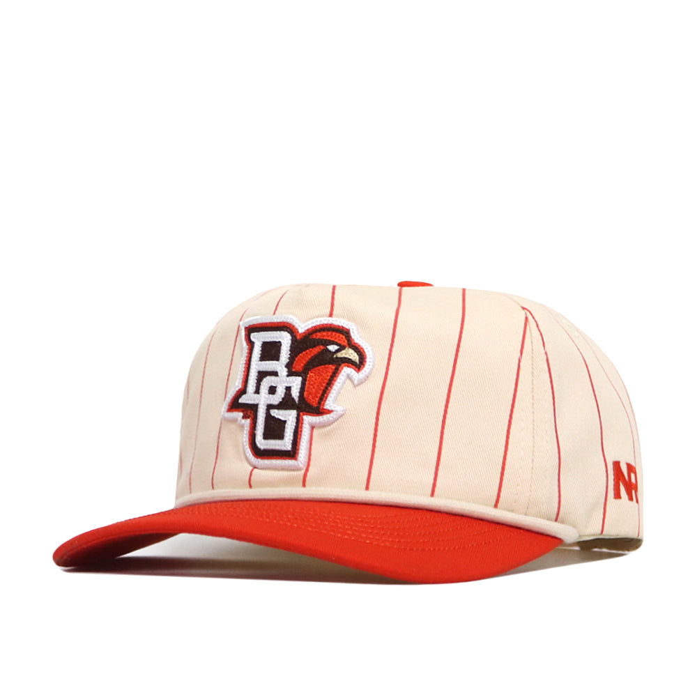 The Bowling Green State Falcons Pinstripe Hat by No Rivals features a cream-colored, high-quality cotton construction with thin red pinstripes, a bold red bill, and a BG logo accented by an embroidered chain-stylized falcon on the front. The side showcases the NR initials, while the snapback closure provides an adjustable, comfortable fit.