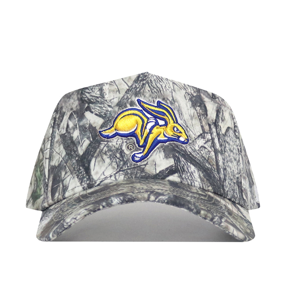 The No Rivals South Dakota State Outland Hat is a camouflage snapback featuring a yellow and blue jackrabbit logo embroidered on the front, made from high-quality cotton for a comfortable, structured fit.