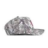 The No Rivals Fresno State Outland Hat is a high quality cotton snapback with a camouflage pattern, flat brim, and a partially visible red embroidered logo on the front, shown from the side.