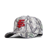 The Fresno State Outland Hat by No Rivals is a structured-fit camouflage cap made from premium cotton, featuring a bold red embroidered STL logo on the front, curved brim, and green, brown, and gray forest-inspired patterns.