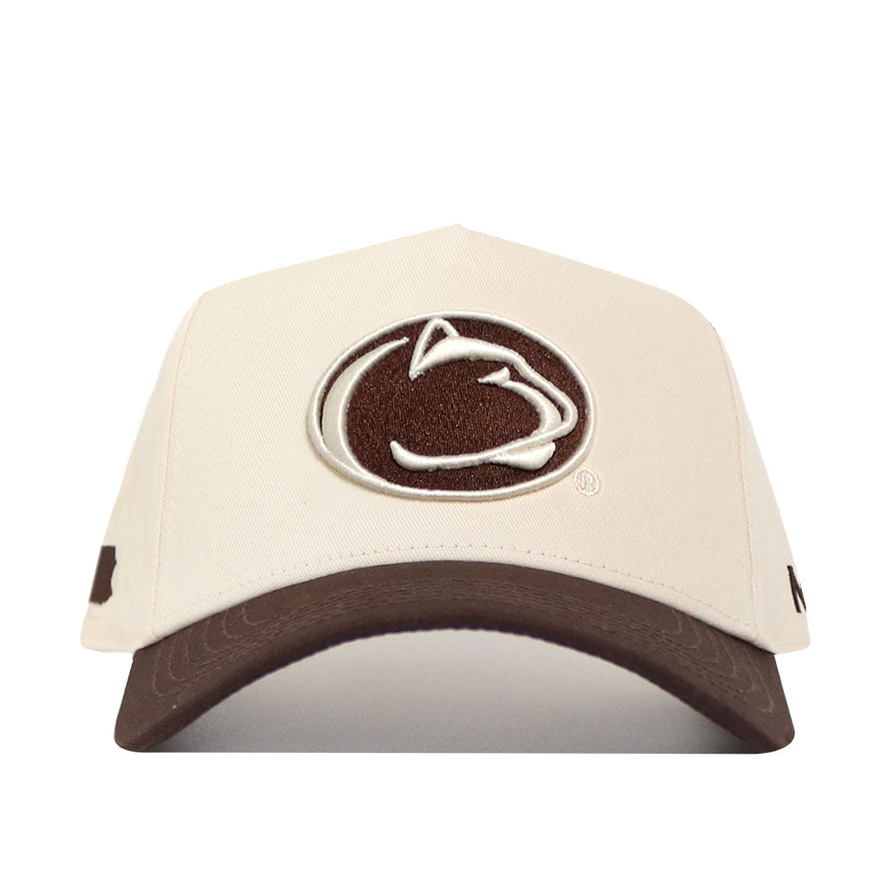 The No Rivals Penn State Espresso Hat is a beige and brown baseball cap featuring an embroidered outline of a lion’s head logo on the front. Made from high-quality cotton, this structured snapback hat has a brown brim and showcases the logo stitched in brown and white. The cap is displayed against a white background.