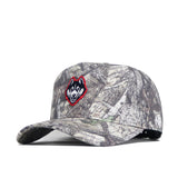 The No Rivals UConn Outland Hat is a high-quality cotton camouflage baseball cap with a structured fit and an embroidered husky dog logo on the front, shown angled against a plain white background.