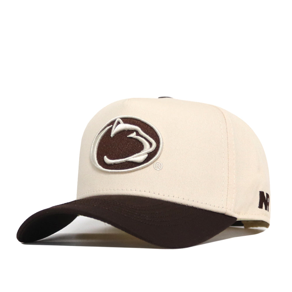 Introducing the Penn State Espresso Hat by No Rivals: a structured snapback crafted from high-quality cotton, featuring a beige crown with a dark brown bill. The front showcases an embroidered stylized animal head logo, while the side is detailed with the letters “N” and “P,” combining comfort, durability, and standout collegiate style.