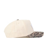 The No Rivals Wisconsin Camo Connector Hat features a beige snapback design with a camouflage-patterned brim, shown in a side profile view against a white background—perfect for finishing your gameday look.