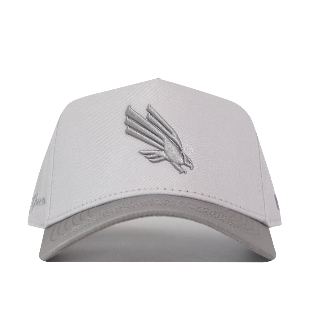 The UNT Graphite Hat by No Rivals is a light gray baseball cap with an officially licensed embroidered bird logo on the front. Designed for a customizable fit, it features a convenient snap back adjustment and is displayed against a plain white background.