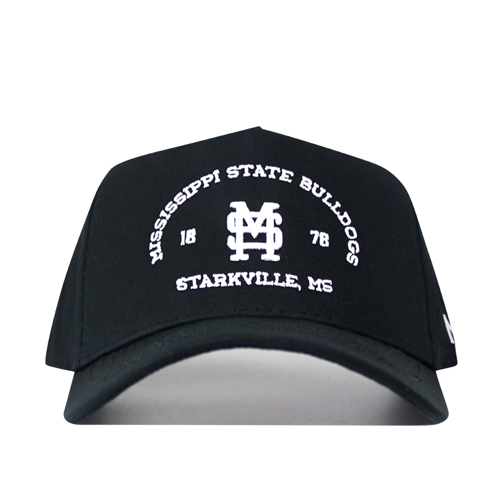 The Mississippi State Outlaw Hat - Black by No Rivals features a classic snapback design, white “Mississippi State Bulldogs 1878 Starkville, MS” text, and a bold embroidered M logo on the front—perfect for finishing off your gameday look.