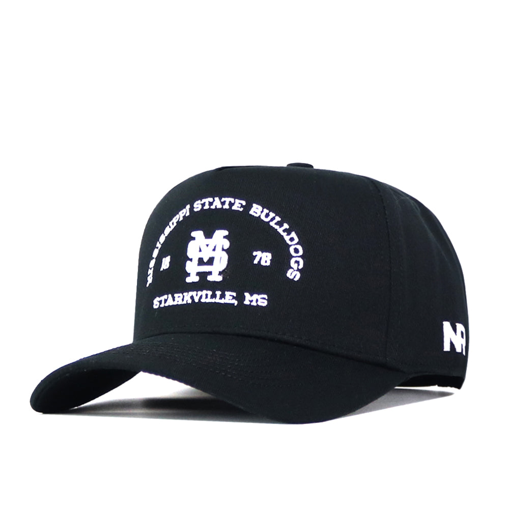 Introducing the Mississippi State Outlaw Hat - Black by No Rivals: This black baseball cap showcases a crisp embroidered “Mississippi State Bulldogs, 78, Starkville, MS” in white text with a stylized MS logo on the front—making it an ideal choice for gameday. It features white NR lettering on the left side and an adjustable snap back closure for all-day comfort.