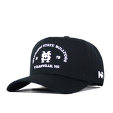 Introducing the Mississippi State Outlaw Hat - Black by No Rivals: This black baseball cap showcases a crisp embroidered “Mississippi State Bulldogs, 78, Starkville, MS” in white text with a stylized MS logo on the front—making it an ideal choice for gameday. It features white NR lettering on the left side and an adjustable snap back closure for all-day comfort.