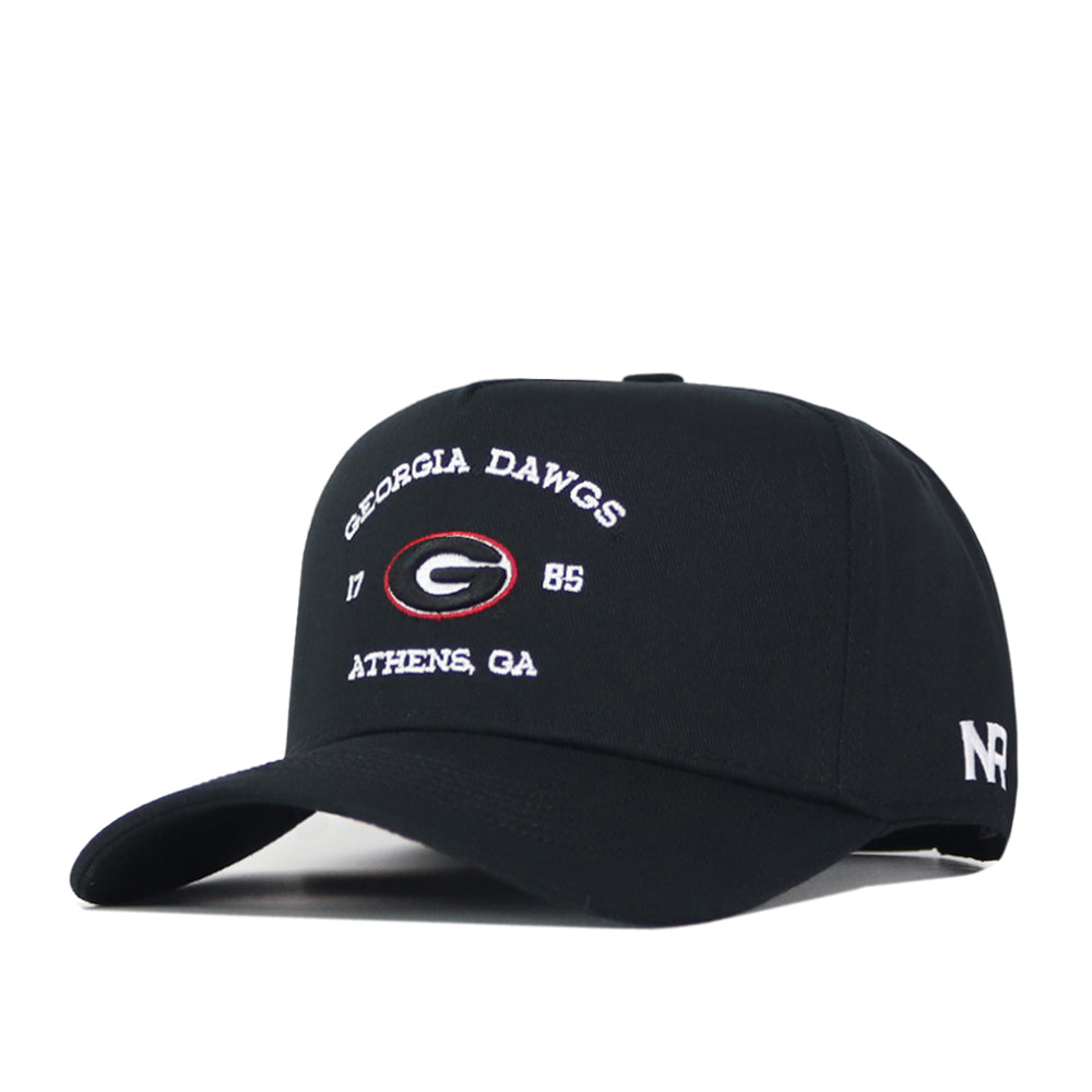 Introducing the Georgia Outlaw Hat - Black by No Rivals: This stylish black baseball cap features “Georgia Dawgs,” “Athens, GA,” “1785,” and the University of Georgia logo beautifully embroidered on the front, with “NR” stitched on the side. Designed for a perfect gameday fit, it boasts a convenient snap back adjustment.