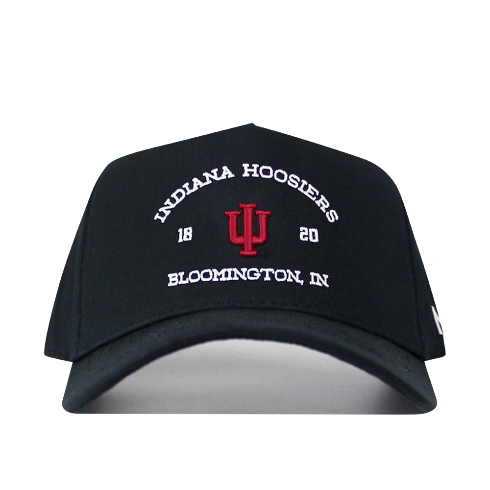 The Indiana Outlaw Hat - Black by No Rivals is a black snapback cap featuring an embroidered “Indiana Hoosiers 1820 Bloomington, IN” logo and the IU emblem in white and red on the front. This officially licensed hat is a perfect way to show your Hoosier pride.