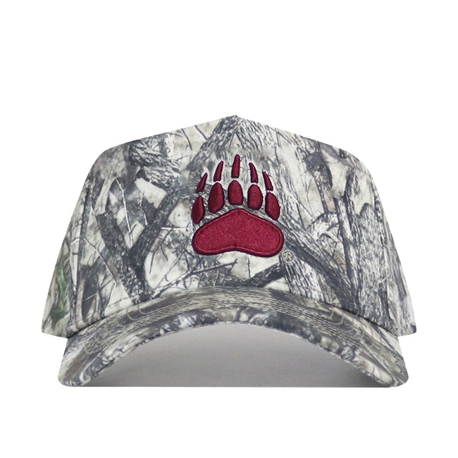 The Montana Outland Hat by No Rivals is a high-quality cotton camouflage baseball cap with a structured fit and an embroidered bold red bear paw print on the front.