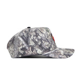 The No Rivals Maryland Outland Hat is a camouflage snapback with a flat brim, shown in side profile. Made from high quality cotton, it features earth tones and leaf patterns in classic camo style.