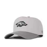 The No Rivals Arkansas Graphite Hat is a gray snapback featuring an embroidered razorback hog logo on the front and an NR logo on the left side, delivering the perfect gameday fit.
