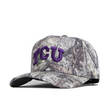 The No Rivals TCU Outland Hat is an officially licensed woodland camouflage cap with large purple TCU embroidery, a structured fit, curved brim, and adjustable snap back for comfort.