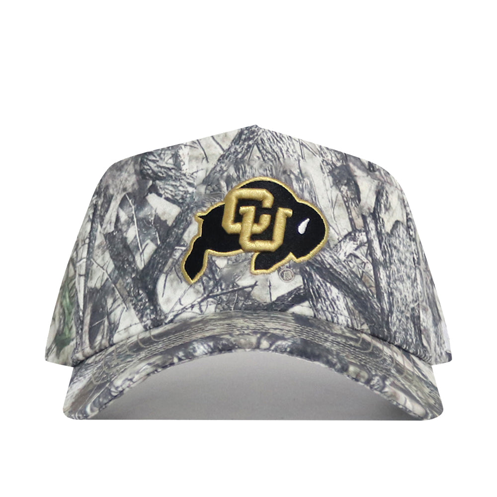 The No Rivals Colorado Outland Hat is a high-quality cotton camouflage baseball cap with a black buffalo patch and bold gold CU letters outlined in white on the front.