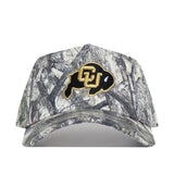 The No Rivals Colorado Outland Hat is a high-quality cotton camouflage baseball cap with a black buffalo patch and bold gold CU letters outlined in white on the front.