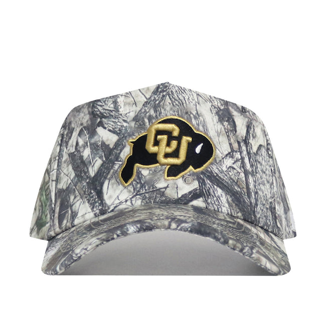 The No Rivals Colorado Outland Hat is a high-quality cotton camouflage baseball cap with a black buffalo patch and bold gold CU letters outlined in white on the front.