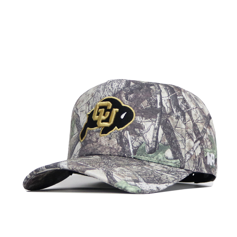 The No Rivals Colorado Outland Hat is a camouflage baseball cap with the University of Colorado Boulder buffalo logo in black and gold on the front, an N logo on the side, structured fit, curved brim, and crafted from high-quality cotton.