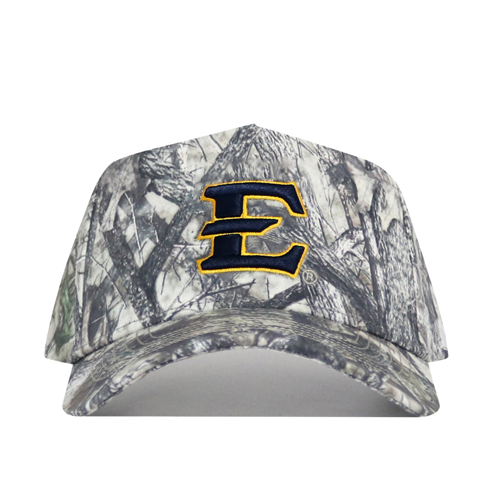 The No Rivals ETSU Outland Camo Hat features a structured fit, gray and green woodland camo, and a prominent yellow/navy E logo on the front. Made from high quality cotton for comfort and durability.