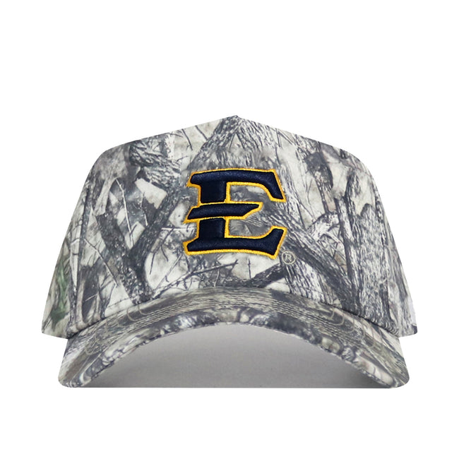 The No Rivals ETSU Outland Camo Hat features a structured fit, gray and green woodland camo, and a prominent yellow/navy E logo on the front. Made from high quality cotton for comfort and durability.